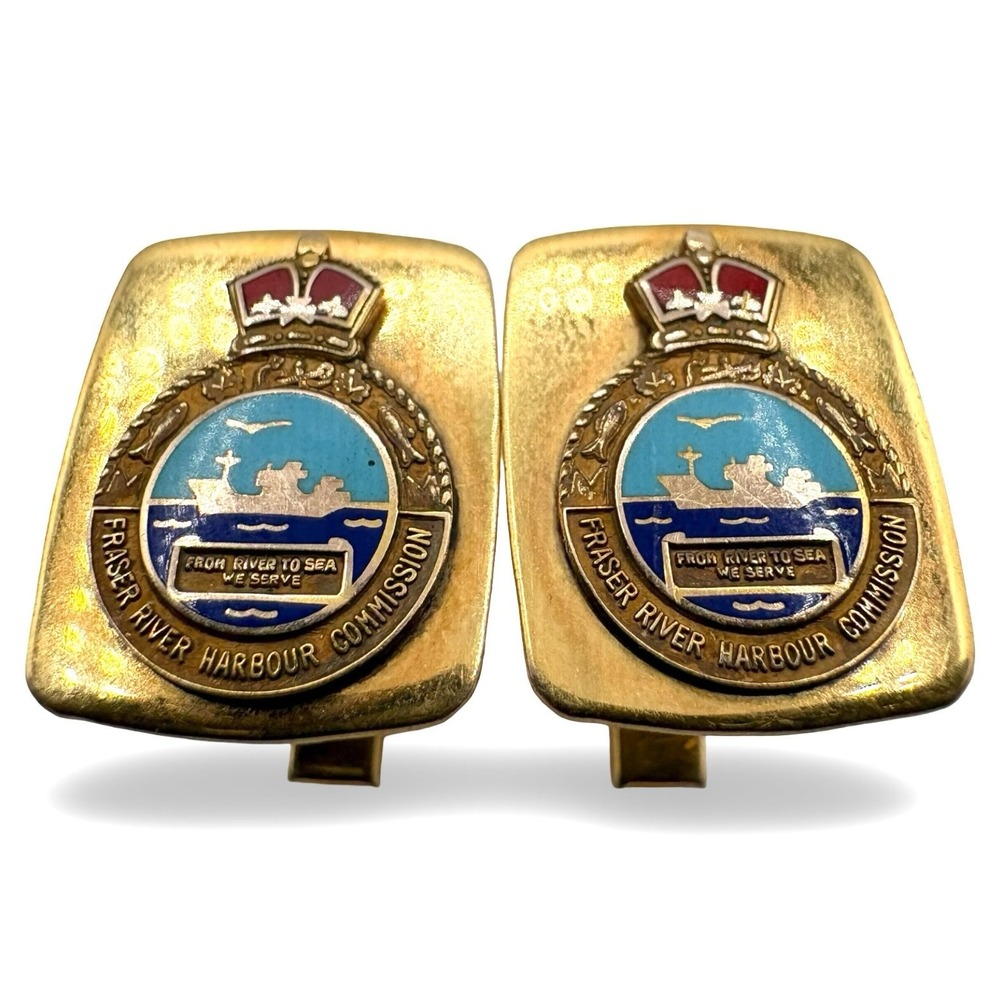 Vintage 10K Gold Fraser River Harbour Commission Enamel Crest Cufflinks Canada